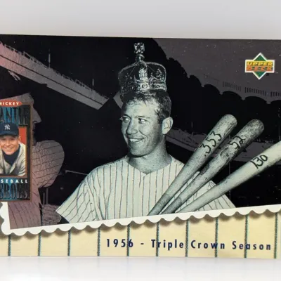Upper Deck Mickey Mantle Baseball Heroes trading card commemorating his 1956 Triple Crown season.