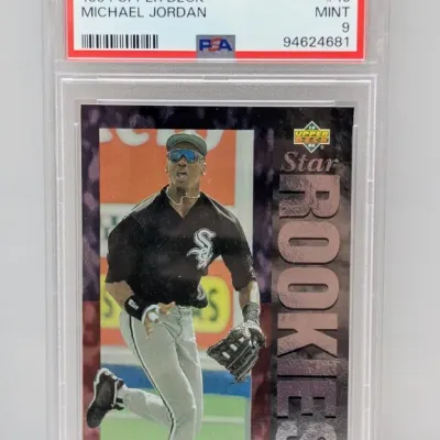 PSA-graded 9 Mint 1994 Upper Deck Michael Jordan 'Star Rookies' baseball card #19 in a protective slab.