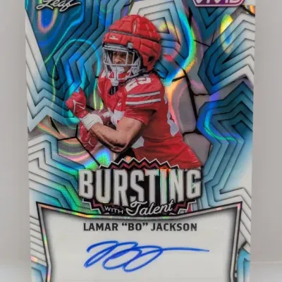 Leaf Vivid Lamar "Bo" Jackson "Bursting with Talent" autographed football trading card with holographic foil finish.