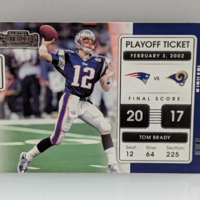 2020 Panini Contenders Football Tom Brady Playoff Ticket trading card featuring the Patriots vs. Rams Super Bowl XXXVI final score.