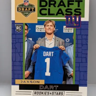 Panini Rookies & Stars Draft Class rookie trading card featuring Jaxson Dart in a New York Giants uniform.