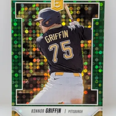 Panini Elite Extra Edition Spell Bound Konnor Griffin baseball trading card featuring a green disco foil finish.