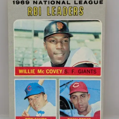 1970 Topps #6 1969 National League RBI Leaders baseball card, featuring Willie McCovey, Ron Santo, and Tony Perez in good vintage condition.