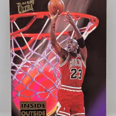 1993-94 Fleer Ultra Michael Jordan 'Inside Outside' insert trading card #4, featuring gold foil lettering and full-bleed action...