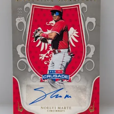 Panini Crusade Apprentice Signatures Noelvi Marte autographed baseball card, serial numbered 59/99, in clean condition.