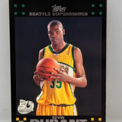 2007-08 Topps Kevin Durant rookie trading card #2 cards in a Seattle SuperSonics jersey with Topps 50th Anniversary logo.