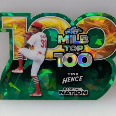 Leaf MiLB Top 100 die-cut trading card featuring prospect Tink Hence in a green geometric foil pattern finish.