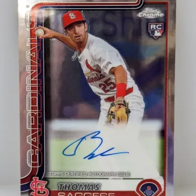 Topps Chrome rookie trading card featuring Thomas Saggese of the St. Louis Cardinals, complete with a certified on-card autograph in blue...