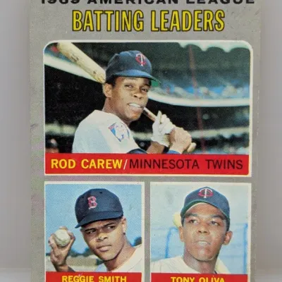 1970 Topps #61 1969 American League Batting Leaders baseball card featuring Rod Carew, Reggie Smith, and Tony Oliva.