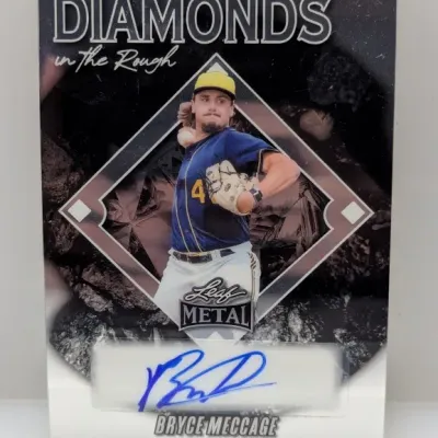 Leaf Metal Bryce Meccage autographed baseball card featuring the 'Diamonds in the Rough' insert design.