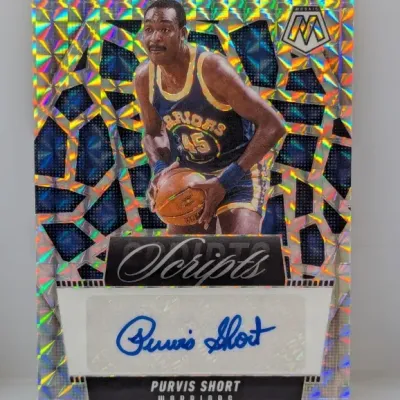 Panini Mosaic Scripts Purvis Short autographed basketball card featuring a mosaic Prizm refractor design.