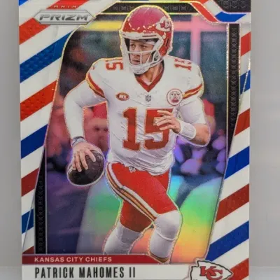 Panini Prizm Patrick Mahomes II trading card featuring a red, white, and blue striped border design and holo finish.