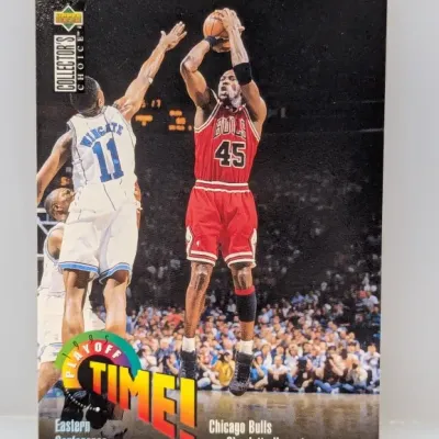 1995 Upper Deck Collector's Choice Playoff Time Michael Jordan trading card featuring #45 against the Charlotte Hornets.