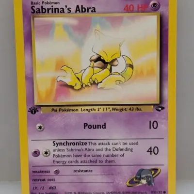 1st Edition Sabrina's Abra Pokémon card (#93/132) from the Gym Heroes set, published by Wizards of the Coast circa 2000.
