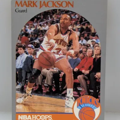 1989-90 NBA Hoops Mark Jackson basketball card, #205, featuring the iconic background image including the Menendez brothers.