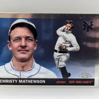 Topps Chrome baseball card featuring New York Giants pitcher Christy Mathewson in excellent condition with metallic borders.