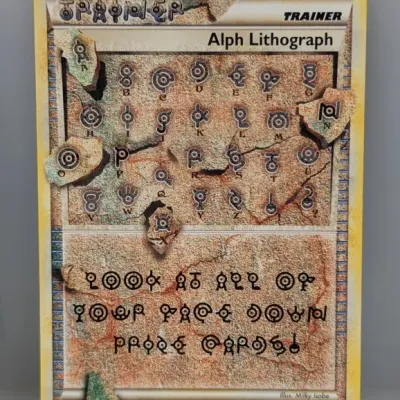 Pokémon Trading Card Game Alph Lithograph (ONE) secret rare card from the HeartGold & SoulSilver set, dated 2010.