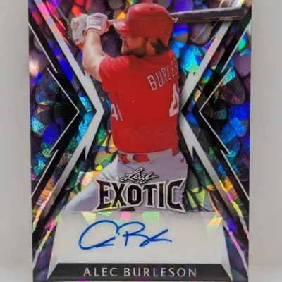 Leaf Exotic Alec Burleson autographed baseball card featuring a colorful geometric foil refractor background.