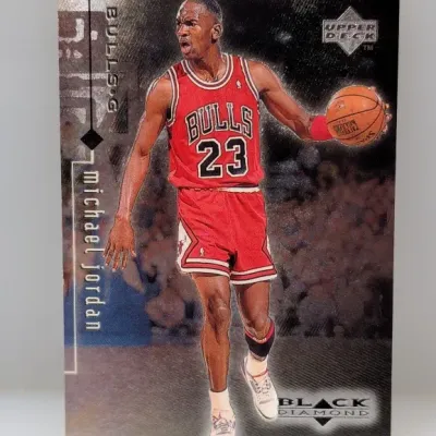 Upper Deck Black Diamond Michael Jordan #1 basketball trading card, featuring him in his red Chicago Bulls jersey.