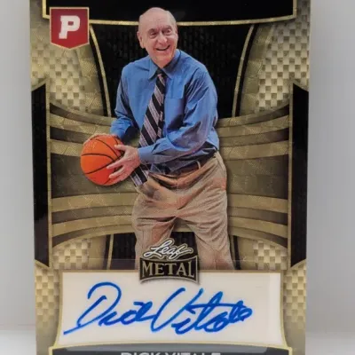 Leaf Metal basketball trading card autographed by college basketball broadcaster Dick Vitale.