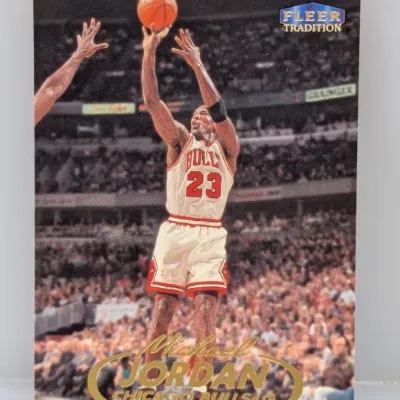 Fleer Tradition Michael Jordan #23 Chicago Bulls basketball card, featuring a full-action shot in good overall condition.