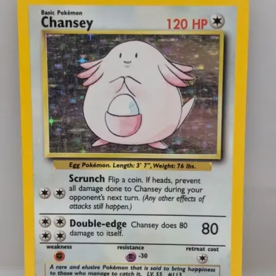 Base Set holographic Chansey Pokémon card (#3/102) produced by Wizards of the Coast in 1999.
