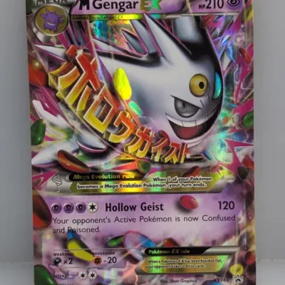 2016 Pokémon M Gengar EX holo promo card, numbered XY166, featuring Shiny Mega Gengar artwork.