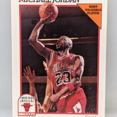 1989-90 NBA Hoops Michael Jordan #200 trading card, featuring the 'Most Valuable Player' banner and Chicago Bulls logo in good...