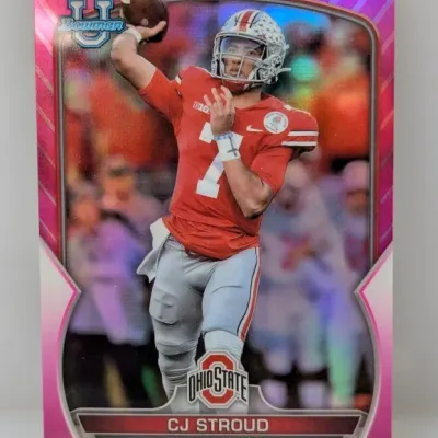 Bowman University CJ Stroud Ohio State Buckeyes pink refractor trading card.