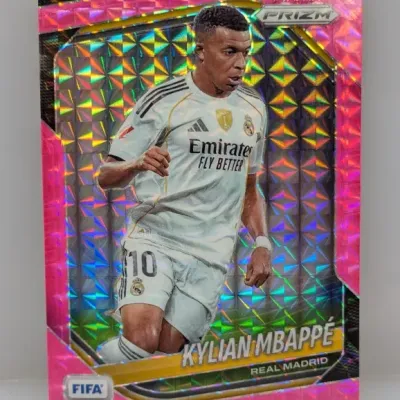 Panini Prizm FIFA Kylian Mbappé Real Madrid trading card featuring a pink mosaic refractive pattern.