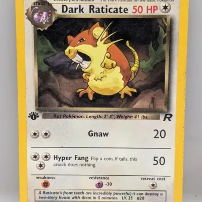 1st Edition Dark Raticate #51/82 Pokémon trading card from the 2000 Team Rocket set.