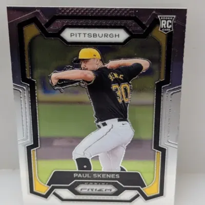 Panini Prizm Paul Skenes rookie trading card featuring the Pittsburgh Pirates pitcher in action.