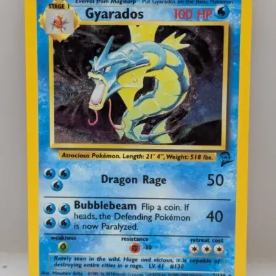Base Set 2 holographic Gyarados Pokémon trading card, numbered 7/130, released by Wizards of the Coast in 2000.