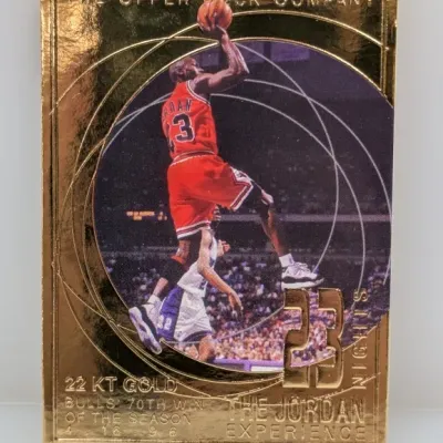 Upper Deck 22KT Gold Michael Jordan trading card, featuring the Bulls' 70th win of the season from April 18, 1996.