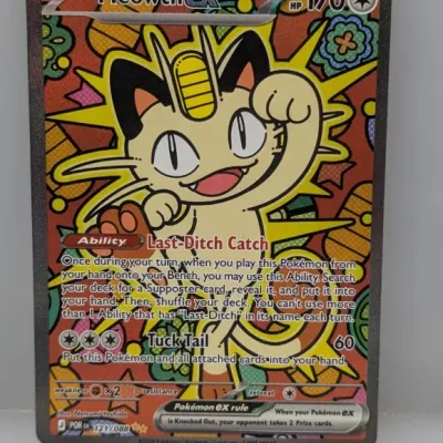 Pokémon Trading Card Game Meowth ex full-art promo card with vibrant, stylized illustration.