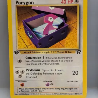 1st Edition Porygon Pokémon trading card from the 2000 Team Rocket set (48/82), illustrated by Keiji Kinebuchi.