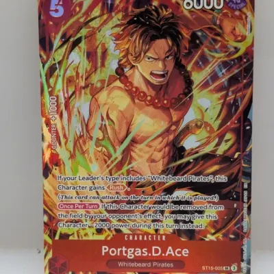 One Piece Trading Card Game Portgas.D.Ace super rare character card, number ST15-005, featuring full-art foil illustration.