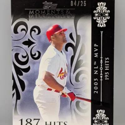 Topps Moments & Milestones Albert Pujols trading card, serial numbered 04/25.