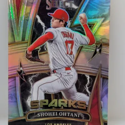 2022 Panini Select Sparks Shohei Ohtani insert trading card in holographic finish.