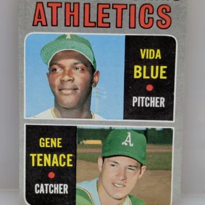 1970 Topps #21 Rookie Stars baseball card featuring Oakland Athletics players Vida Blue and Gene Tenace.