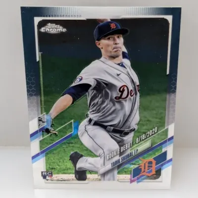 2021 Topps Chrome Tarik Skubal Rookie Debut trading card featuring the Detroit Tigers pitcher.