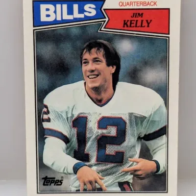 1987 Topps Jim Kelly rookie trading card #80 featuring the Buffalo Bills quarterback.