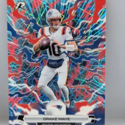 Panini Rookies & Stars Drake Maye New England Patriots rookie trading card featuring a vibrant lightning bolt design.