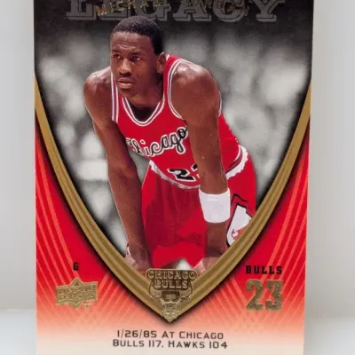 Michael Jordan Upper Deck Legacy trading card, featuring a red and gold Chicago Bulls design detailing the 1/26/85 game.