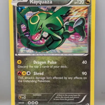 2013 Pokémon Rayquaza holo rare trading card (93/113) illustrated by Shin Nagasawa.
