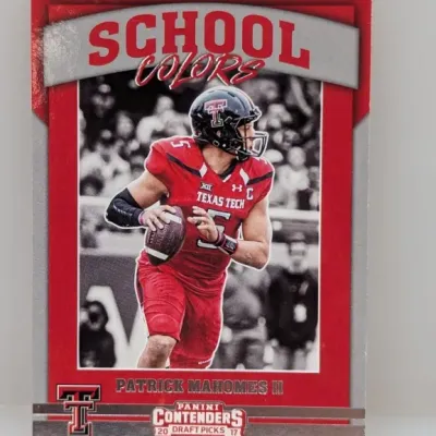 2017 Panini Contenders Draft Picks Patrick Mahomes II 'School Colors' rookie trading card, featuring him in his Texas Tech...