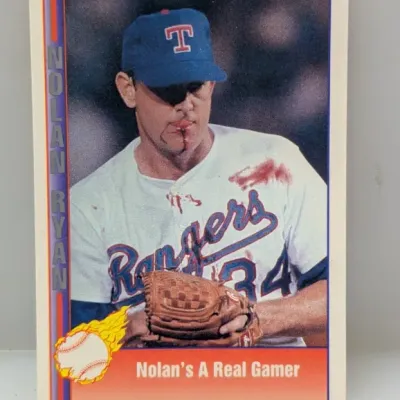 1991 Pacific Nolan Ryan baseball card featuring the iconic bloody jersey photo, titled 'Nolan's A Real Gamer'.