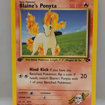 1st Edition Blaine's Ponyta Pokémon card #64/132 from the Gym Heroes expansion set, released by Wizards of the Coast in 2000.