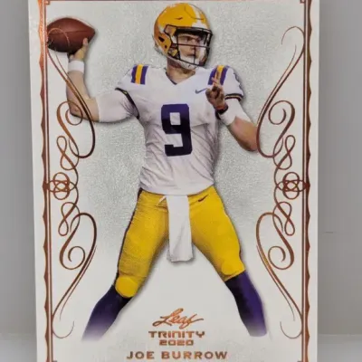 2020 Leaf Trinity Joe Burrow rookie trading card featuring him in his LSU Tigers uniform.