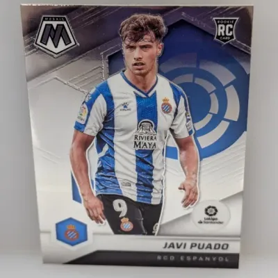 Panini Mosaic LaLiga rookie trading card featuring Javi Puado of RCD Espanyol, presented in excellent condition.